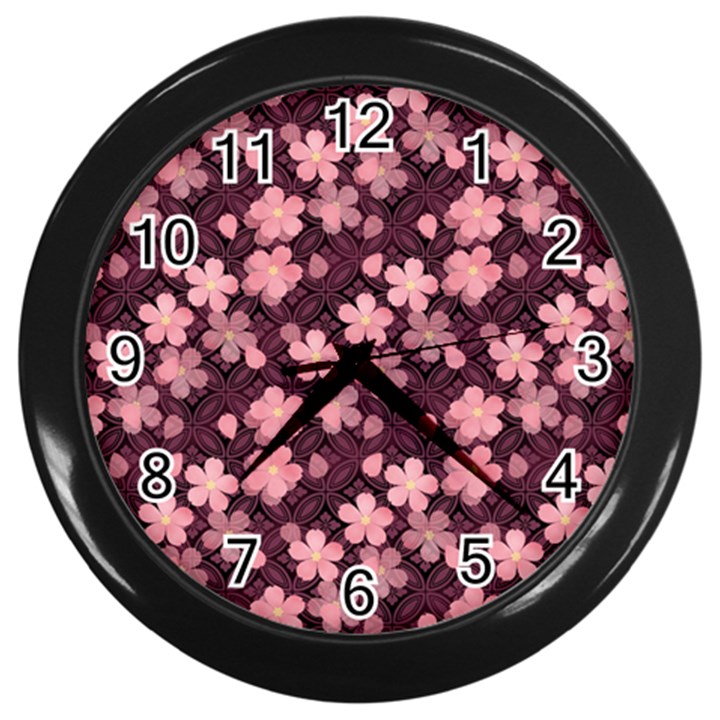 Cherry Blossoms Japanese Style Pink Wall Clock (Black)