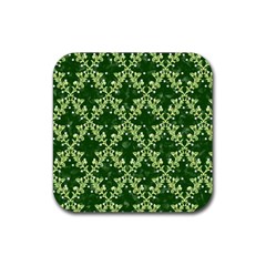 White Flowers Green Damask Rubber Coaster (square) 