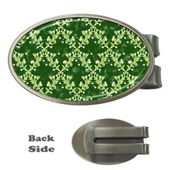 White Flowers Green Damask Money Clips (oval)  by Pakrebo