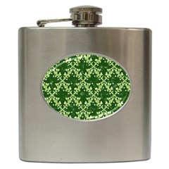 White Flowers Green Damask Hip Flask (6 Oz) by Pakrebo