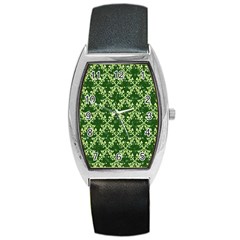 White Flowers Green Damask Barrel Style Metal Watch by Pakrebo