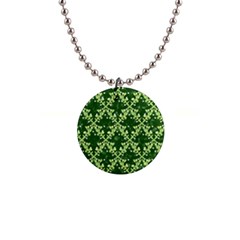 White Flowers Green Damask 1  Button Necklace by Pakrebo