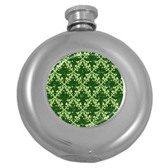 White Flowers Green Damask Round Hip Flask (5 Oz) by Pakrebo