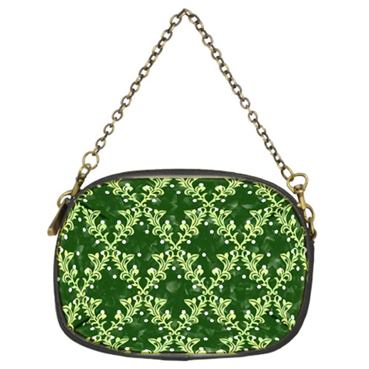 White Flowers Green Damask Chain Purse (Two Sides)