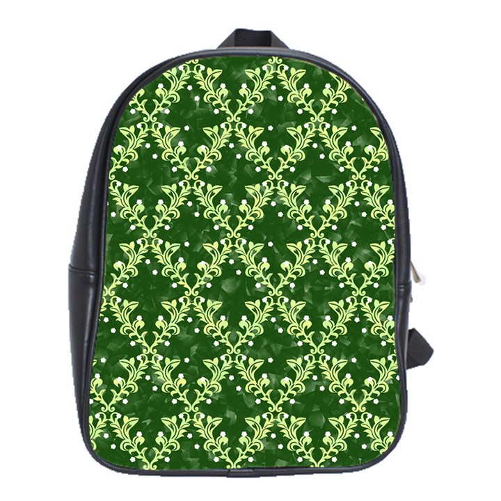 White Flowers Green Damask School Bag (XL)