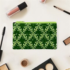 White Flowers Green Damask Cosmetic Bag (xs) by Pakrebo