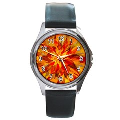 Flower Blossom Red Orange Abstract Round Metal Watch by Pakrebo