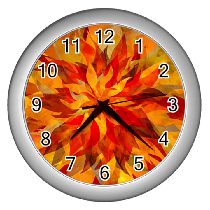 Flower Blossom Red Orange Abstract Wall Clock (Silver)