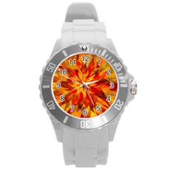 Flower Blossom Red Orange Abstract Round Plastic Sport Watch (L)