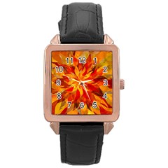 Flower Blossom Red Orange Abstract Rose Gold Leather Watch 