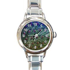 Peacock Feathers Colorful Feather Round Italian Charm Watch by Pakrebo