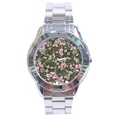 Pink Flowers Leaves Spring Garden Stainless Steel Analogue Watch by Pakrebo