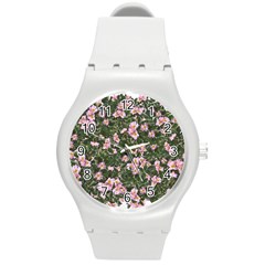 Pink Flowers Leaves Spring Garden Round Plastic Sport Watch (m) by Pakrebo