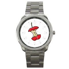 Red Apple Core Funny Retro Pattern Half On White Background Sport Metal Watch by genx