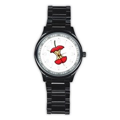 Red Apple Core Funny Retro Pattern Half On White Background Stainless Steel Round Watch by genx