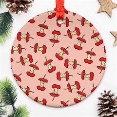 Red Apple Core Funny Retro Pattern Half Eaten On Pastel Orange Background Ornament (round) by genx