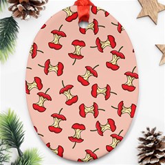 Red Apple Core Funny Retro Pattern Half Eaten On Pastel Orange Background Ornament (oval) by genx