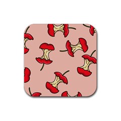 Red Apple Core Funny Retro Pattern Half Eaten On Pastel Orange Background Rubber Coaster (square)  by genx