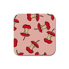 Red Apple Core Funny Retro Pattern Half Eaten On Pastel Orange Background Rubber Square Coaster (4 Pack)  by genx