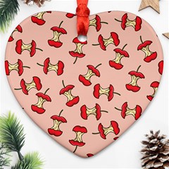 Red Apple Core Funny Retro Pattern Half Eaten On Pastel Orange Background Heart Ornament (two Sides) by genx