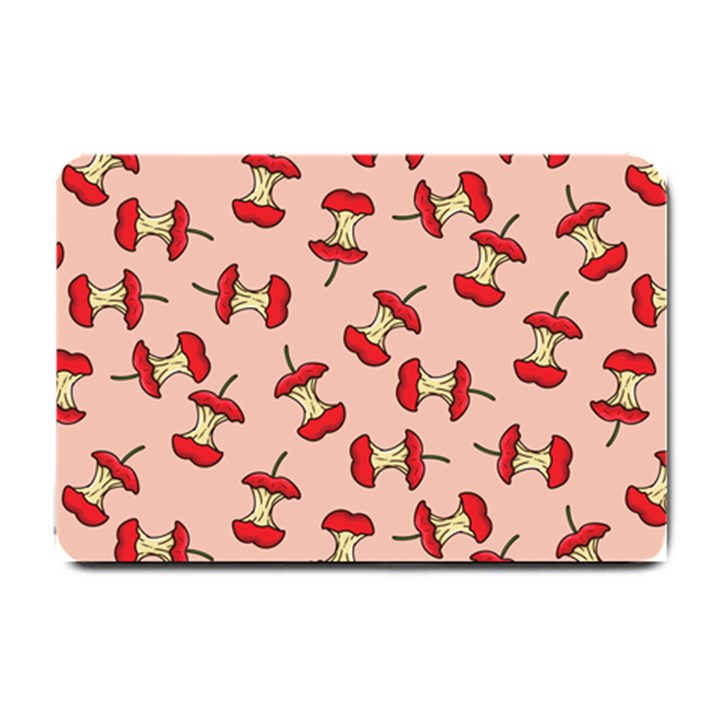 Red Apple Core Funny Retro Pattern Half eaten on pastel orange background Small Doormat 