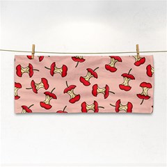 Red Apple Core Funny Retro Pattern Half Eaten On Pastel Orange Background Hand Towel by genx