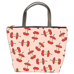 Red Apple Core Funny Retro Pattern Half Eaten On Pastel Orange Background Bucket Bag by genx