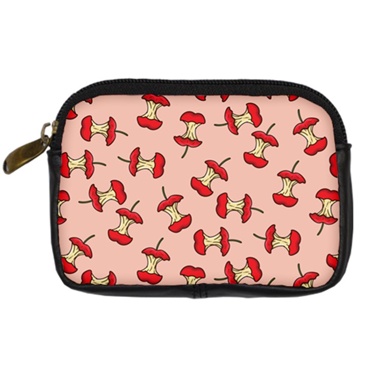 Red Apple Core Funny Retro Pattern Half eaten on pastel orange background Digital Camera Leather Case