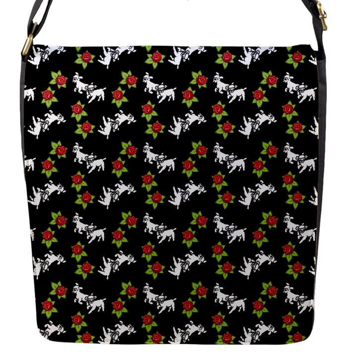 Lamb Pattern Black Flap Closure Messenger Bag (S)