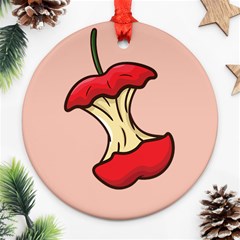 Red Apple Core Funny Retro Pattern Half Eaten On Pastel Orange Background Ornament (round) by genx