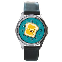 Toast With Cheese Funny Retro Pattern Turquoise Green Background Round Metal Watch by genx