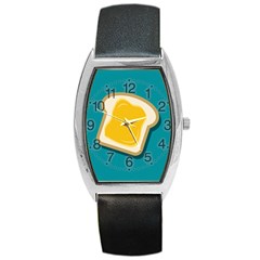 Toast With Cheese Funny Retro Pattern Turquoise Green Background Barrel Style Metal Watch by genx