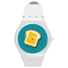 Toast With Cheese Funny Retro Pattern Turquoise Green Background Round Plastic Sport Watch (m) by genx