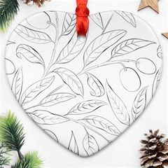 Organic Olive Leaves Pattern Hand Drawn Black And White Heart Ornament (two Sides) by genx