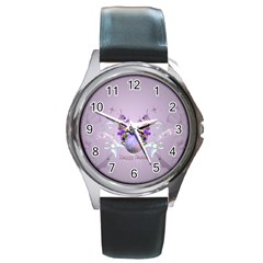 Happy Easter, Easter Egg With Flowers In Soft Violet Colors Round Metal Watch by FantasyWorld7