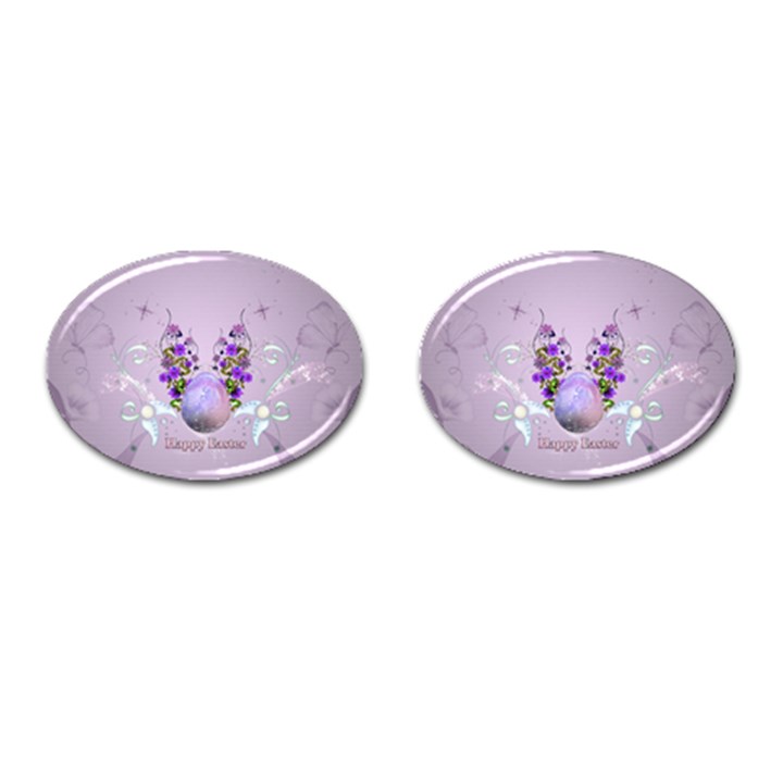 Happy Easter, Easter Egg With Flowers In Soft Violet Colors Cufflinks (Oval)