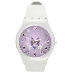 Happy Easter, Easter Egg With Flowers In Soft Violet Colors Round Plastic Sport Watch (m) by FantasyWorld7