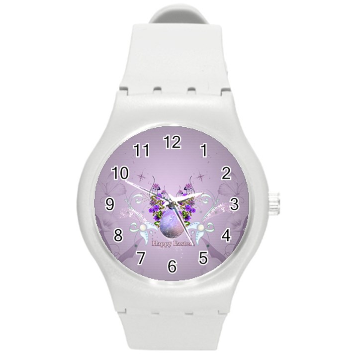 Happy Easter, Easter Egg With Flowers In Soft Violet Colors Round Plastic Sport Watch (M)