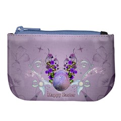 Happy Easter, Easter Egg With Flowers In Soft Violet Colors Large Coin Purse by FantasyWorld7