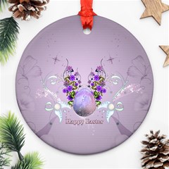 Happy Easter, Easter Egg With Flowers In Soft Violet Colors Ornament (round) by FantasyWorld7