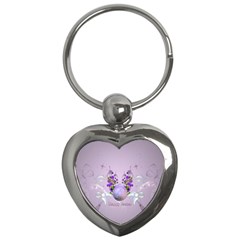 Happy Easter, Easter Egg With Flowers In Soft Violet Colors Key Chains (heart)  by FantasyWorld7