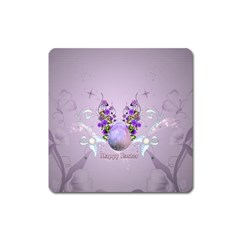 Happy Easter, Easter Egg With Flowers In Soft Violet Colors Square Magnet by FantasyWorld7