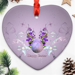 Happy Easter, Easter Egg With Flowers In Soft Violet Colors Heart Ornament (two Sides) by FantasyWorld7