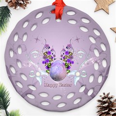 Happy Easter, Easter Egg With Flowers In Soft Violet Colors Round Filigree Ornament (two Sides) by FantasyWorld7