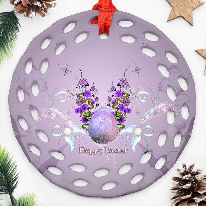 Happy Easter, Easter Egg With Flowers In Soft Violet Colors Round Filigree Ornament (Two Sides)