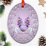 Happy Easter, Easter Egg With Flowers In Soft Violet Colors Ornament (Oval Filigree) Front