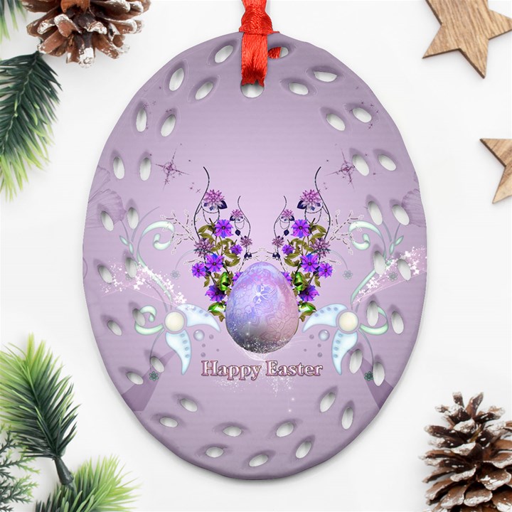 Happy Easter, Easter Egg With Flowers In Soft Violet Colors Ornament (Oval Filigree)