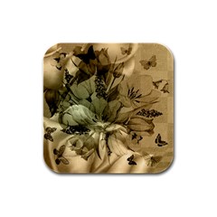 Wonderful Floral Design With Butterflies Rubber Square Coaster (4 Pack)  by FantasyWorld7