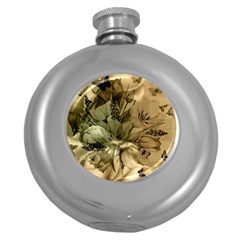 Wonderful Floral Design With Butterflies Round Hip Flask (5 Oz) by FantasyWorld7