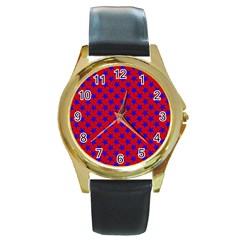 Blue Stars Pattern On Red Round Gold Metal Watch by BrightVibesDesign